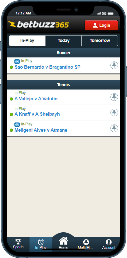 Betbuzz365 mobile sports betting interface displaying live odds and cricket betting markets